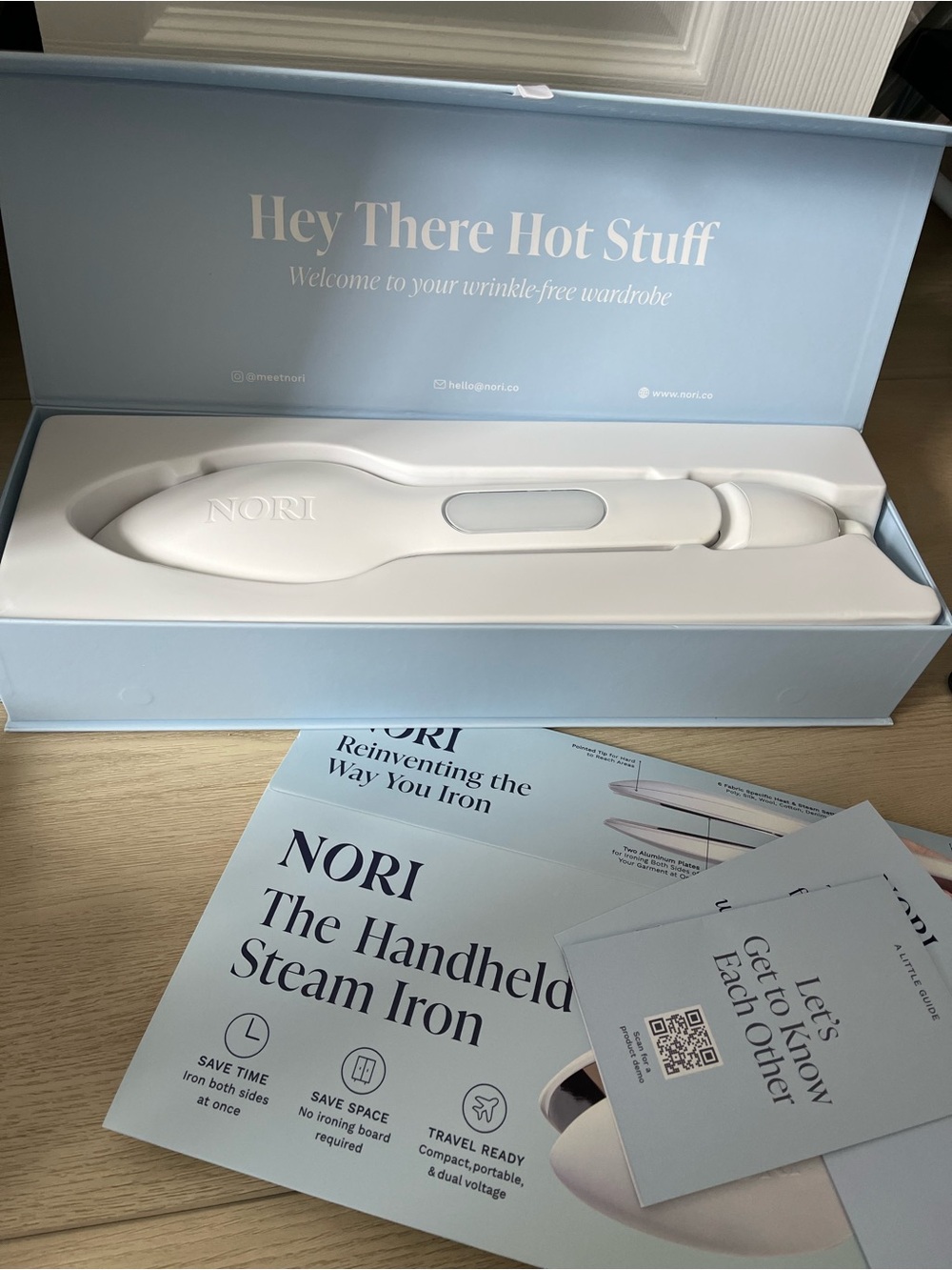 NORI White Handheld Steam Iron with Light Gray Accent